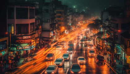 Illuminated city skyline, traffic jam, bustling nightlife generated by AI