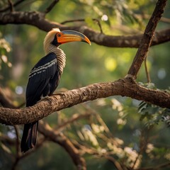 Fototapeta premium Hornbill Perched on a Branch, A Moment of Serenity