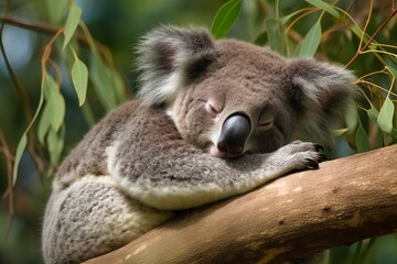 AI Generated Image of a cuddly koala bear sleeping comfortably on a eucalyptus tree branch