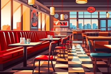 Retro American Restaurant Interior with Tables, Sofas and Memorabilia. Generative AI
