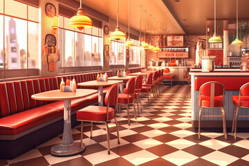 Fototapeta na wymiar Retro American Restaurant Interior with Tables, Sofas and Memorabilia. Generative AI