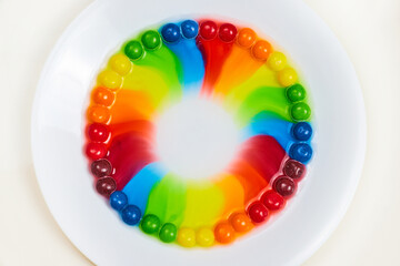Top down view of rainbow skittles candy on white plate with tie die circle