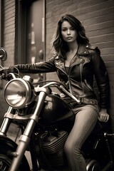 Plakat black and white shot of young woman in the style of leather sitting on a bike outside an apartment building. generative AI