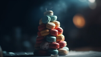 macaroons stacked on rustic wood table generated by AI
