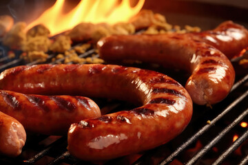 Barbecue sausage on the grill, barbecue party food. Generative AI.