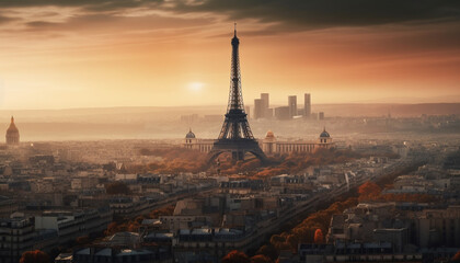 Majestic Paris skyline at dusk, illuminated romance generated by AI
