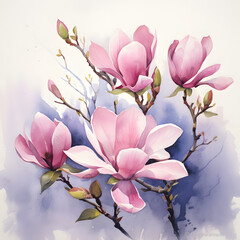 Digital Watercolor illustration of Magnolia Flowers. Generative AI 