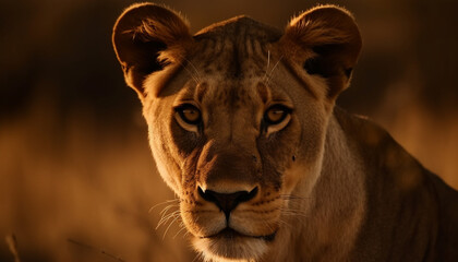 Fototapeta na wymiar Majestic lioness staring at camera in savannah generated by AI