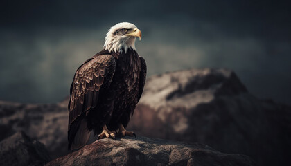 Obraz premium Majestic bald eagle perching on rock outdoors generated by AI