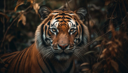 Fototapeta na wymiar Majestic Bengal tiger staring in tropical rainforest generated by AI
