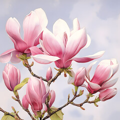 Obraz na płótnie Canvas Digital Watercolor illustration of Magnolia Flowers. Generative AI 