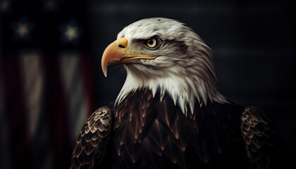 Obraz premium Majestic bald eagle perching on branch, sharp beak generated by AI