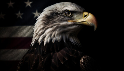 Fototapeta premium Majestic bald eagle flying with American flag generated by AI