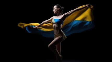 Fototapeta na wymiar Stand for Ukraine. Young graceful classic ballerina dancing with cloth painted in blue and yellow colors of Ukraine flag on dark studio background. Art, peace, freedom. Looks weightless. Generative AI