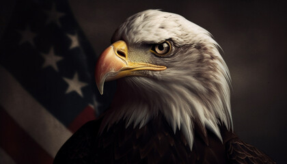 Bald eagle staring with pride at American flag generated by AI