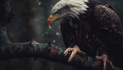 Fototapeta premium Majestic bald eagle perching on branch outdoors generated by AI