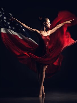 Stand for USA. Young graceful classic ballerina dancing with cloth painted in red and blue colors of American flag on dark studio background. Art, peace, freedom. Looks weightless. Generative Ai
