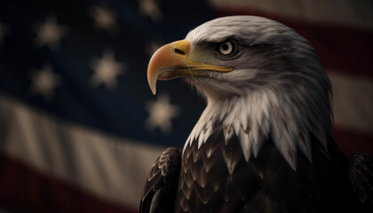 Majestic bald eagle perching with American flag generated by AI