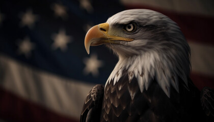 Obraz premium Majestic bald eagle perching with American flag generated by AI