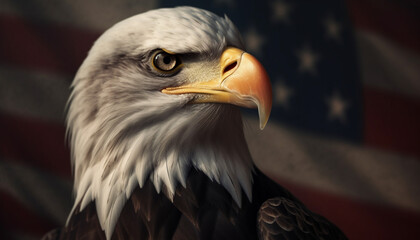 Obraz premium Majestic bald eagle perching, looking at camera generated by AI