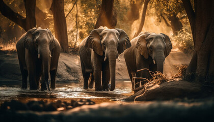 Fototapeta na wymiar African elephant herd walking at sunset in nature generated by AI