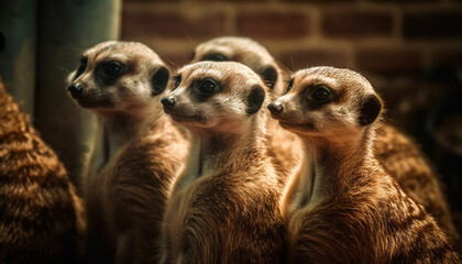 Fototapeta premium Small cute meerkats standing in a row outdoors generated by AI