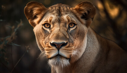 Majestic lioness staring, walking in natural beauty generated by AI