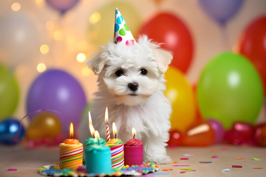 Cute Terrier puppy with birthday hat candles and balloons portrait studio shot,