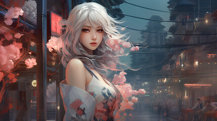 Anime girl walking among pink cherry blossoms in the middle of the city. Generative AI