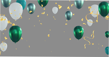 Green and silver balloons with confetti on gray background. Vector illustration