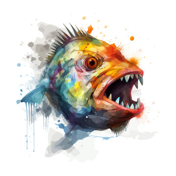 Piranha head with watercolor splashes