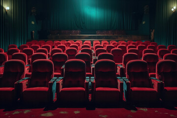 Fototapeta na wymiar Empty red chairs in cinema with nobody, created with Generative AI Technology
