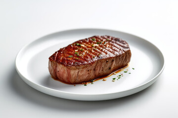 Delicious, juicy and tender tenderloin steak on a white plate with salt and pepper. Generative AI.