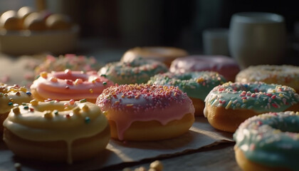 Obraz na płótnie Canvas Freshly baked donuts with colorful icing decoration generated by AI