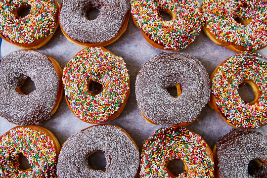 Wall Of Donuts From Above With Colorful Rainbow Sprinkles, Jimmies, And Coconut Shavings Frosted