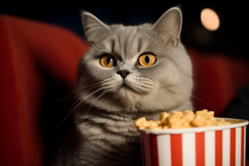cute cat carrying popcorn in the cinema