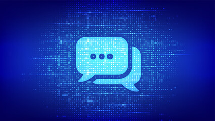 Chat icon made with binary code. Chatbot assistant application. Talk bubble speech. Dialogue balloon. Binary data and streaming digital code. Matrix background with digits 1.0. Vector Illustration.
