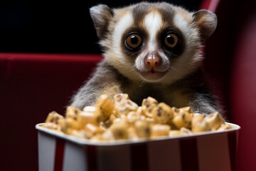 cute slow loris carrying popcorn at the cinema