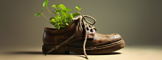 Life finds its way, showcased by a fresh green plant growing within the confines of a rugged shoe.