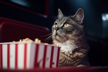 cute cat carrying popcorn in the cinema