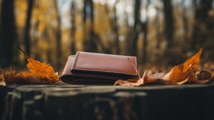 A wallet sitting on top of a tree stump. AI generative image. - obrazy, fototapety, plakaty