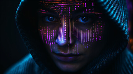 A woman in a hooded jacket with a hoodie and digital patterns over his face Generative Ai