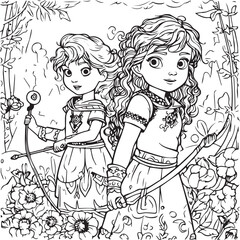 A couple of cute kitty daughter drawing coloring page.