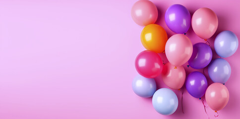Birthday banner with colored balloons on pink background and copy space. Generative AI.