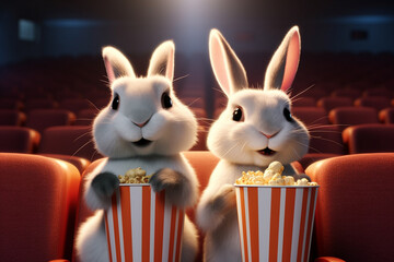 cute bunny carrying popcorn in the cinema