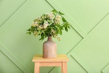 Vase of white lilacs on chair near green wall