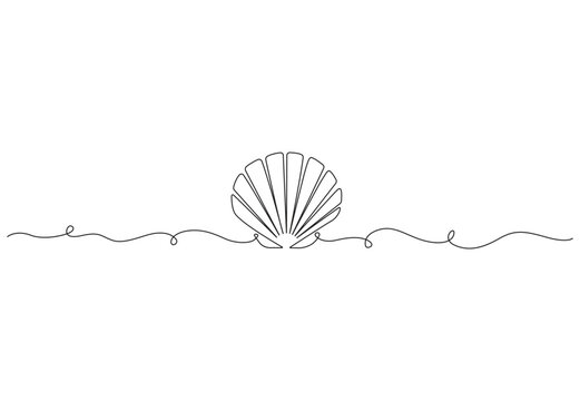 Continuous one line drawing of open oyster shell seashell symbol and banner of beauty spa and wellness salon in simple linear art style. Doodle vector illustration.