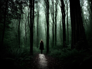 Scared female ominous light in a forrest seq 3 of 11