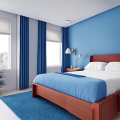 Generative AI, Simple and luxurious casual home decoration style bedroom in blue tones