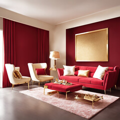 Generative AI, Simple and luxurious casual home decoration style red and gold living room